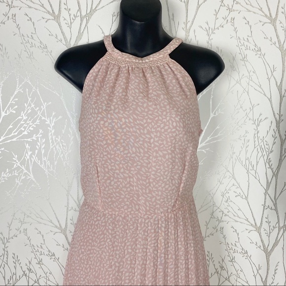 JAPNA Halter Style Fit and Flare Pleated Midi Dress Medium Pink White Vine Print - Picture 3 of 10